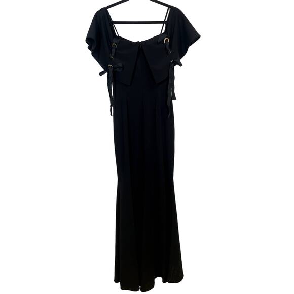 BADGLEY MISCHKA Off The Shoulder Grommet Crepe Evening Gown Black Size 4 - Picture 4 of 15